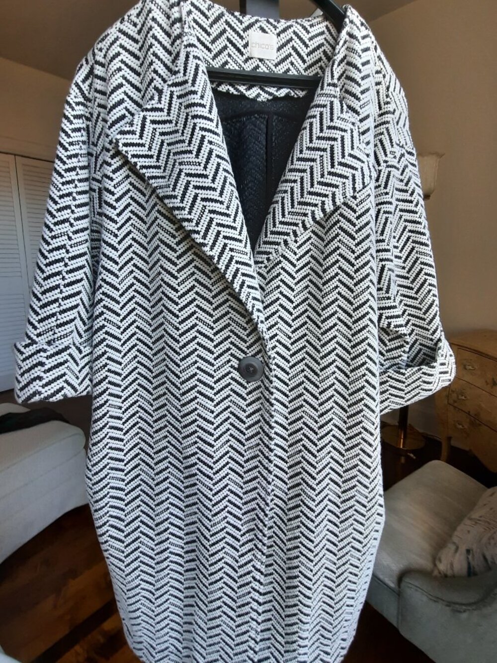 Chico's Chevron knit coat, cotton rich, statement mother of pearl button